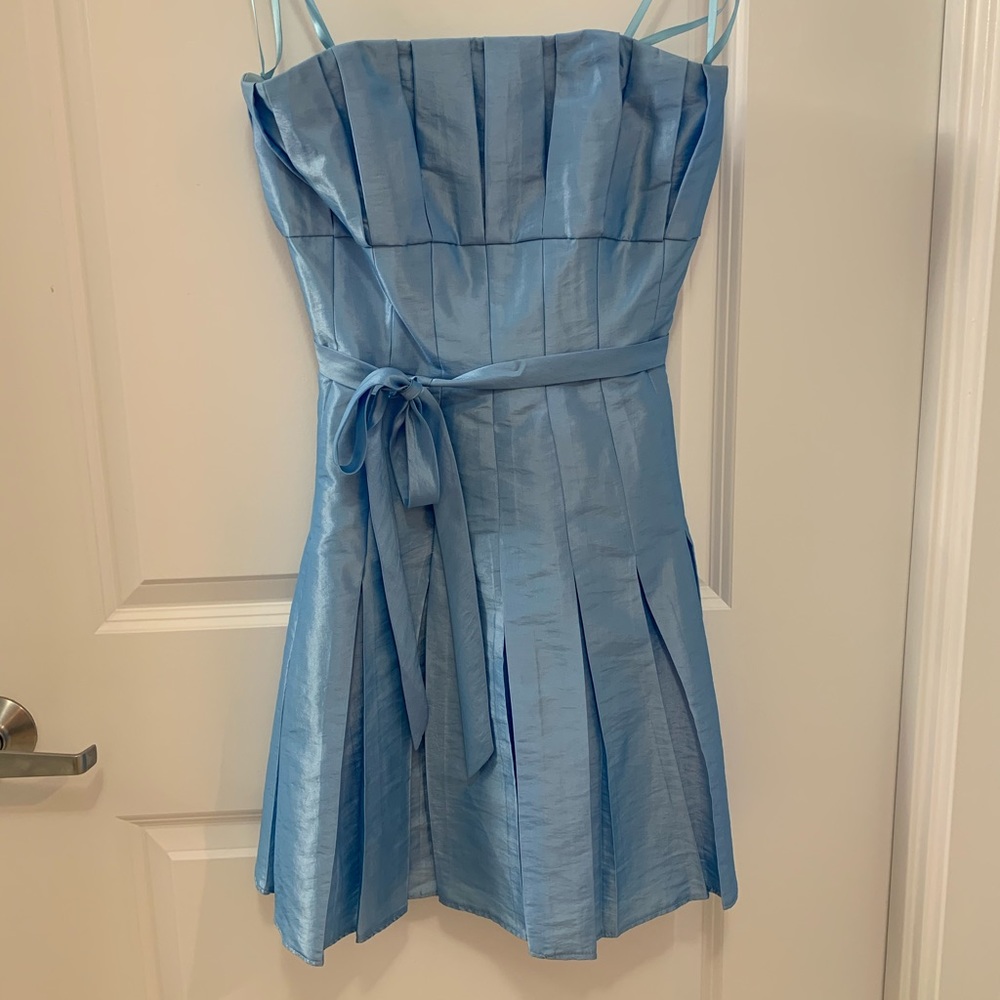 JS Boutique Strapless Pleated Blue Dress with Bow